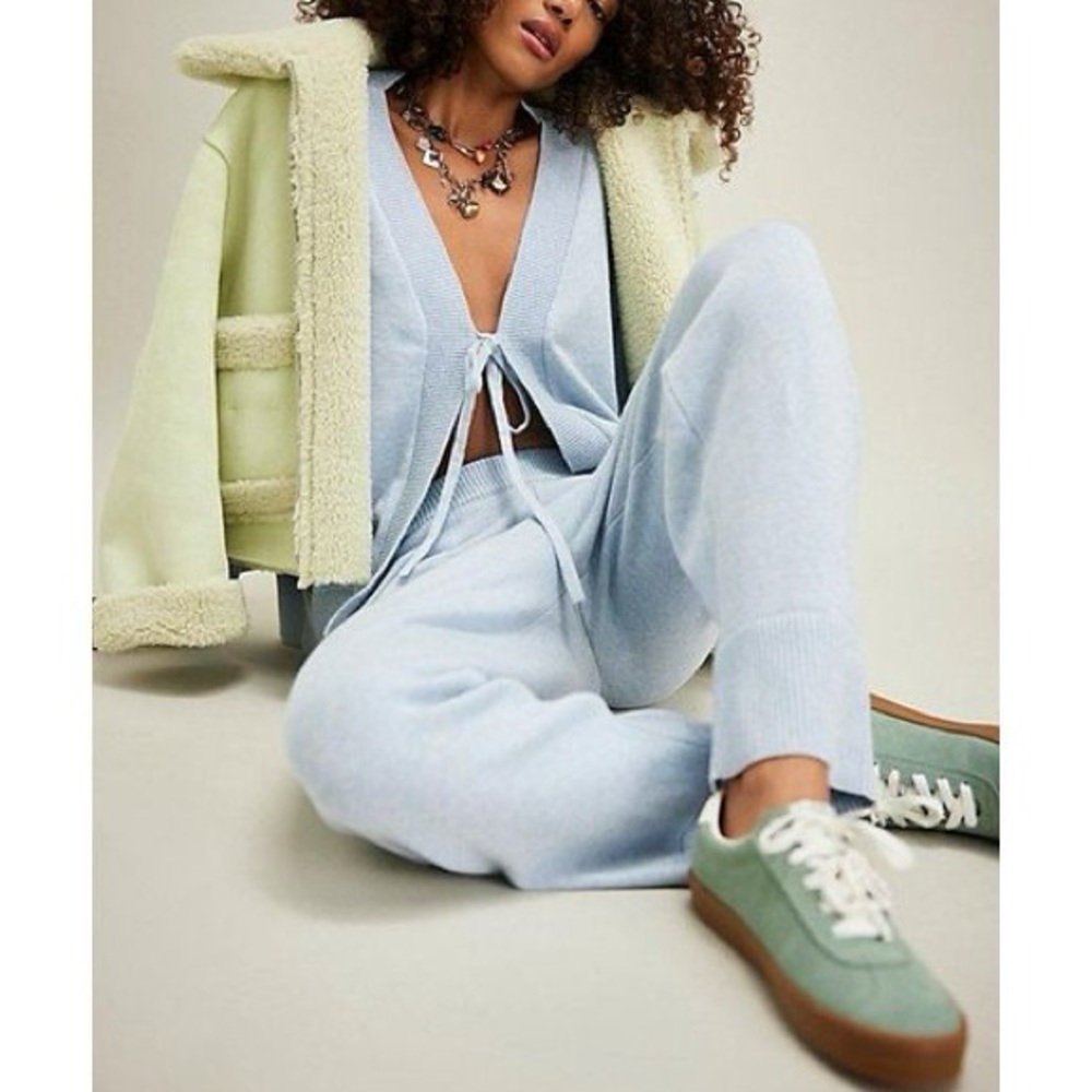 NWOT Free People Beach Solar Sky Blue Sweater Cardigan Pant Lounge Set Womens XS